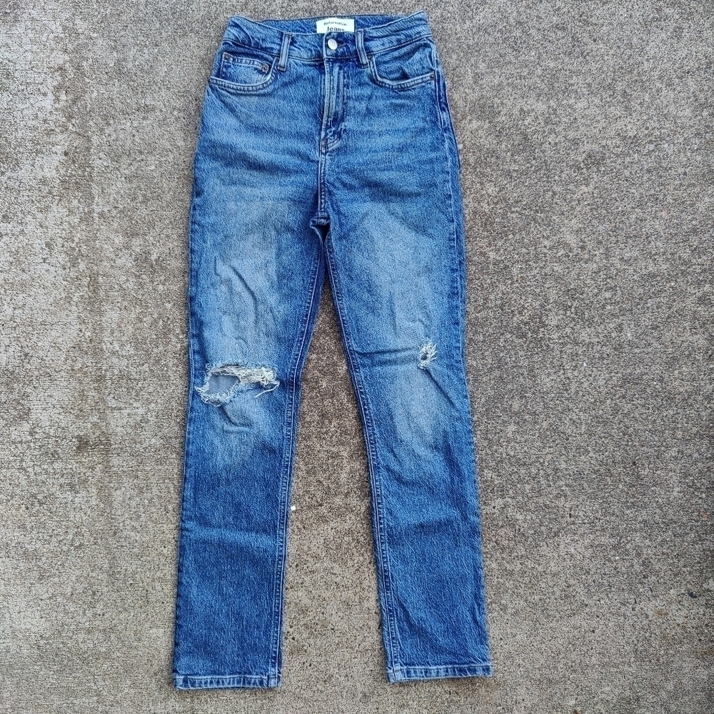 Reformation Liza Zip Fly High Rise Straight Jeans Palermo Destroyed Womens Sz 25